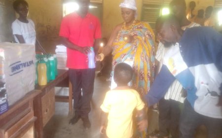 SOCIAL : Nana Yeebaa II donates teaching and learning materials to Afrimkrom M/A Basic School
